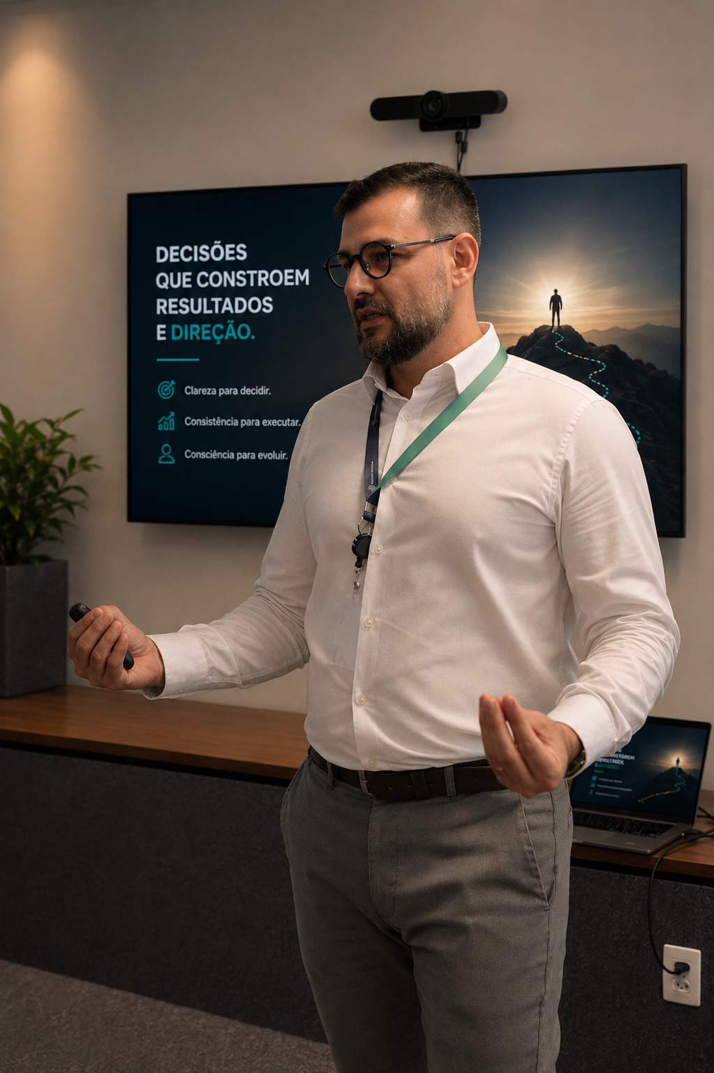 Leandro Albuquerque conduzindo apresentação executiva em ambiente corporativo