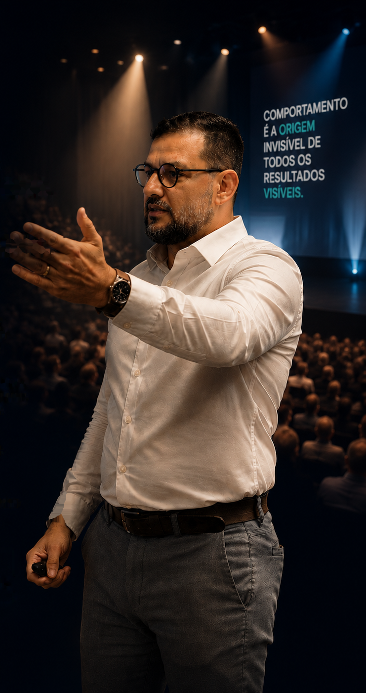 Leandro Albuquerque em palestra, gesticulando diante de uma plateia, com o painel ao fundo: comportamento é a origem invisível de todos os resultados visíveis