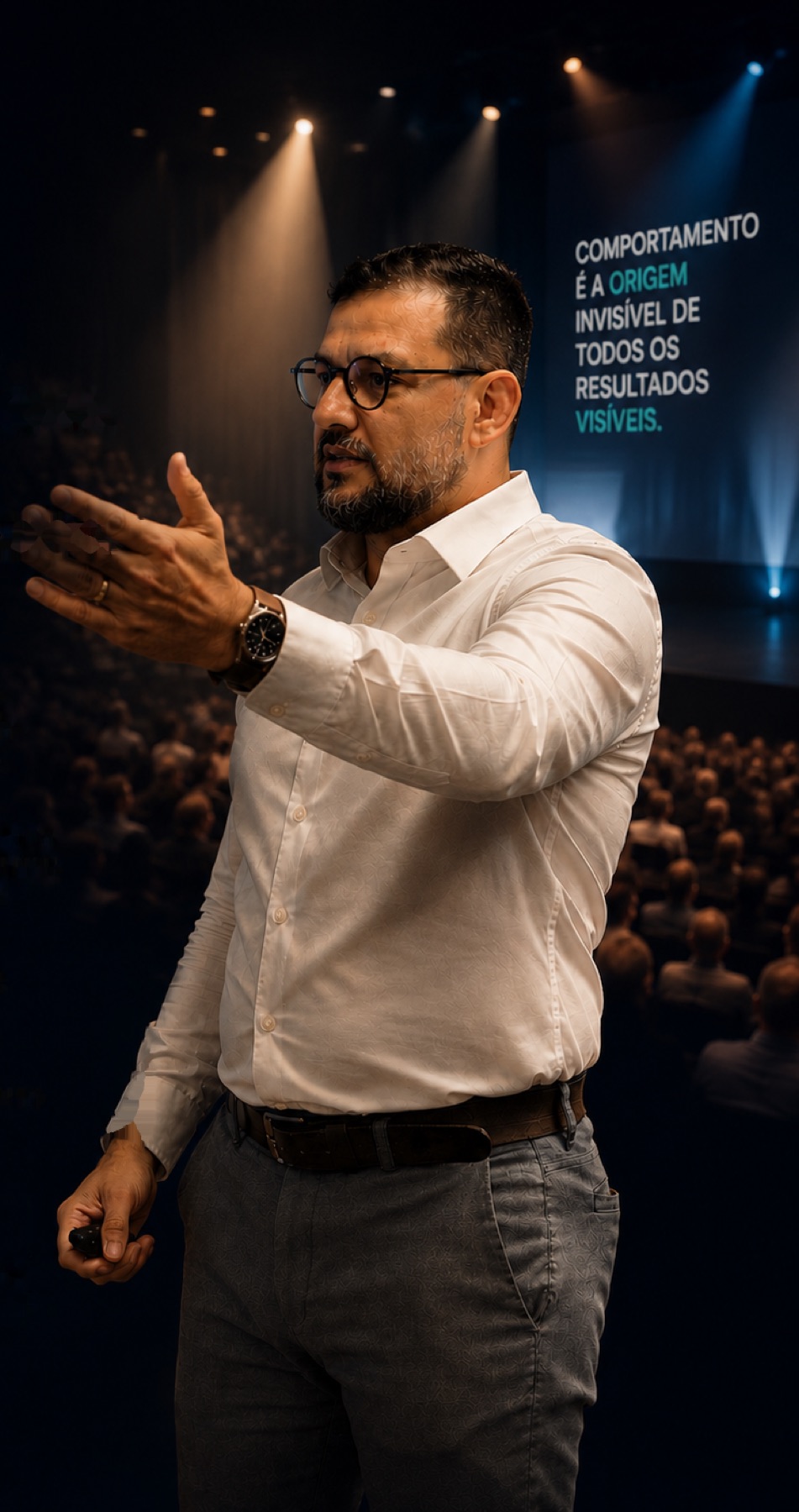 Leandro Albuquerque em palestra, gesticulando diante de uma plateia